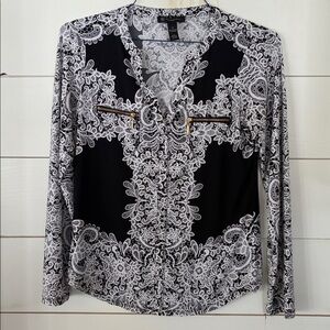 INC International Concepts Black and White Lace Print Blouse Size Medium